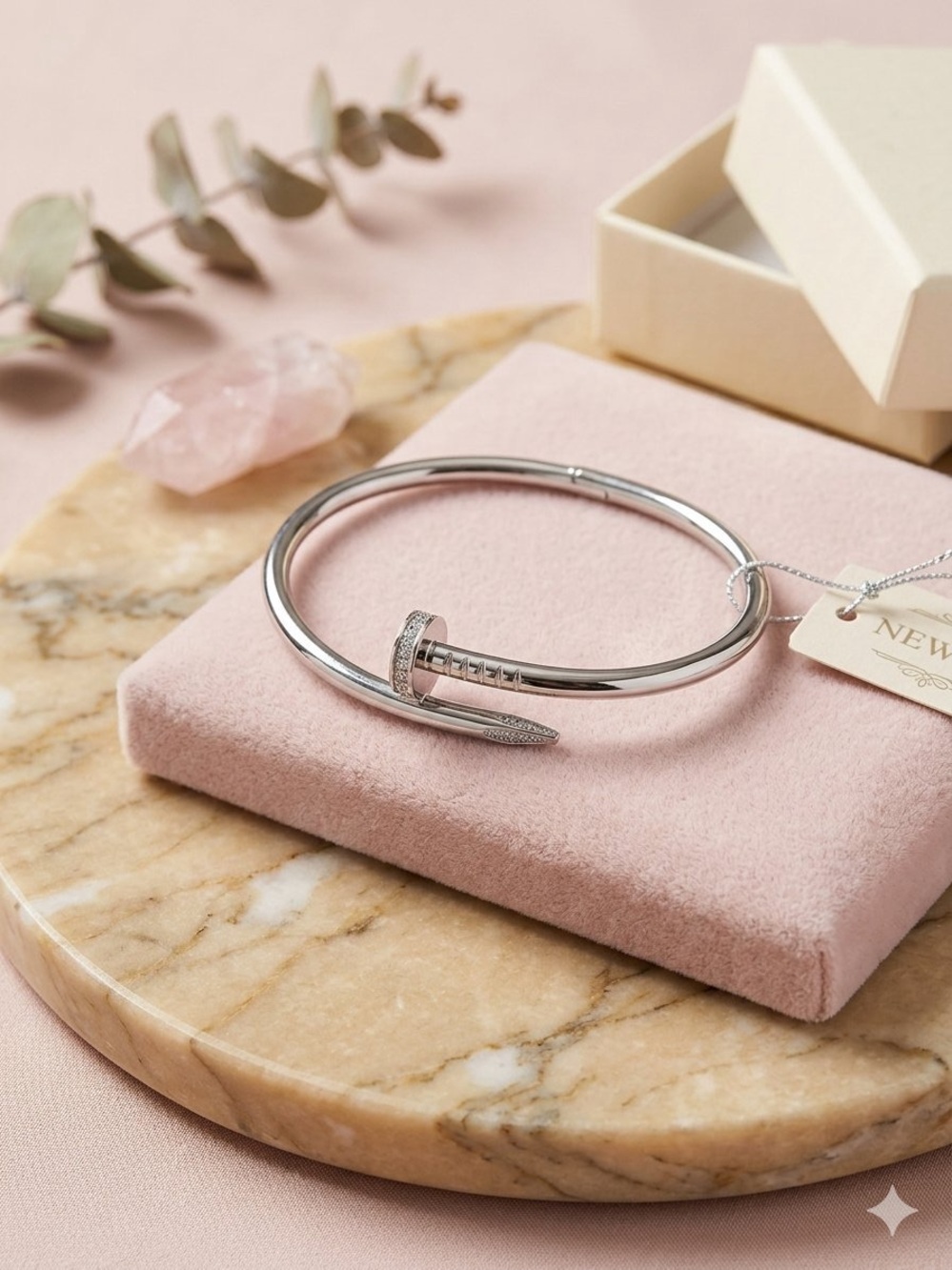 Silver Stainless Steel Wrap Around Nail Bangle • Pavé Crystal Accent 8”